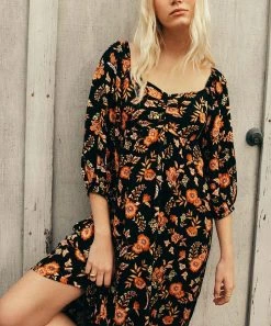 Cheap ❤️ Billabong Black Floral Swept Away Puff-Sleeve Midi 👗 Dress - Juniors 🥰