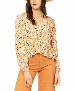 Discount ❤️ Billabong Yellow & Pink Floral Catching Feelings Bishop-Sleeve Top - Juniors ❤️
