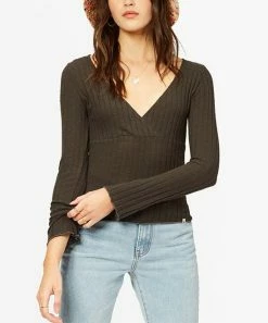 Budget 🎉 Billabong Off-Black Wrap Week Long-Sleeve V-Neck Top - Juniors 🎉