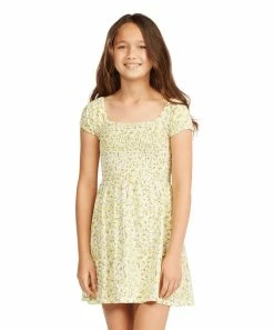 Wholesale 🌟 Billabong Yellow & Green Floral Beach Love Square-Neck A-Line 👗 Dress - 👧 Girls 🧨