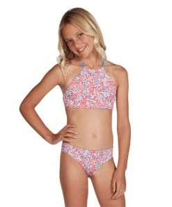Outlet 🌟 Billabong Red & Blue Paisley Reversible Halter 👙 Bikini Top & Bottoms - 👧 Girls ✔️