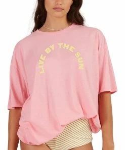 Buy 🎁 Billabong Pink Sunset 'Live By The Sun' Crewneck Boyfriend Tee - Juniors 👏