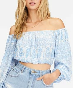 Wholesale 😀 Billabong Salt Crystal & Blue Floral Sun Daze Off-Shoulder Crop Top - Juniors 😀