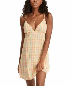 Outlet 👍 Billabong Yellow Plaid Just Add Sun Sleeveless Empire-Waist 👗 Dress - Juniors 🔥