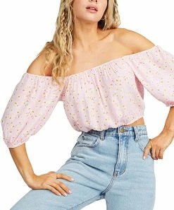 New 😀 Billabong Pink Lady Sun City Off-Shoulder Puff-Sleeve Top - Juniors 🧨