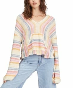 Best Pirce ⭐ Billabong Coral & Blue Stripe Baja Beach V-Neck Hoodie - Juniors 😀