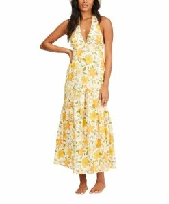 Best Pirce 👏 Billabong Salt Crystal & Yellow Floral Feelin Retro Sleeveless Halter Maxi 👗 Dress - Juniors 😀