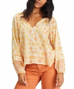 Coupon 😍 Billabong Salt Crystal Floral Free Heart Long-Sleeve V-Neck Blouse - Juniors ⭐