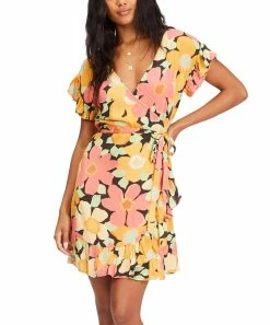 Best Pirce 🧨 Billabong Pink & Yellow Floral Wrap & Roll Wrap 👗 Dress - Juniors 🤩