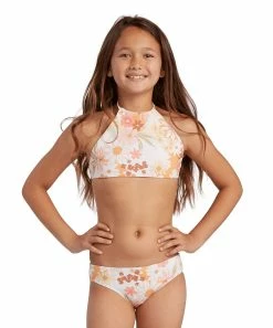 Budget 👍 Billabong White & Orange Floral Sunshine Hi-Neck 👙 Bikini - 👧 Girls 🔔